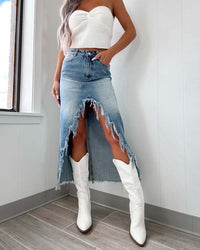 Dunja – Jeansrock Damen Asymmetrisch Hochtailliert Mit Saum in Blau