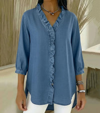 Aelyssa - Soft-Touch-Bluse mit Rüsche am V-Ausschnitt in Blau