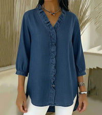 Aelyssa - Soft-Touch-Bluse mit Rüsche am V-Ausschnitt in Dunkelblau