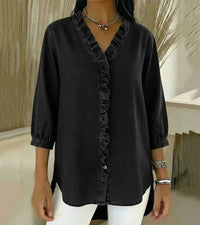 Aelyssa - Soft-Touch-Bluse mit Rüsche am V-Ausschnitt in Schwarz