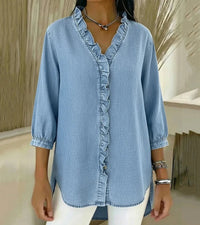 Aelyssa - Soft-Touch-Bluse mit Rüsche am V-Ausschnitt in Hellblau