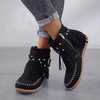 Warme Vintage-Stiefel mit Fransen - Evelin in Schwarz