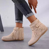 Warme Vintage-Stiefel mit Fransen - Evelin in Beige