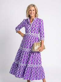 Ysolde | Midi-Kleid mit drei Viertelärmeln und Kettenmuster in Lila