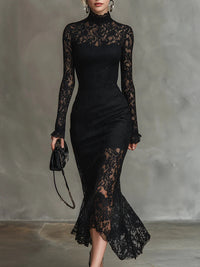 Veronika | Schwarzes Spitzen-Maxikleid in Schwarz