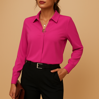 Damen Elegantes V-Ausschnitt Langarm Bluse in Rosa-Rot