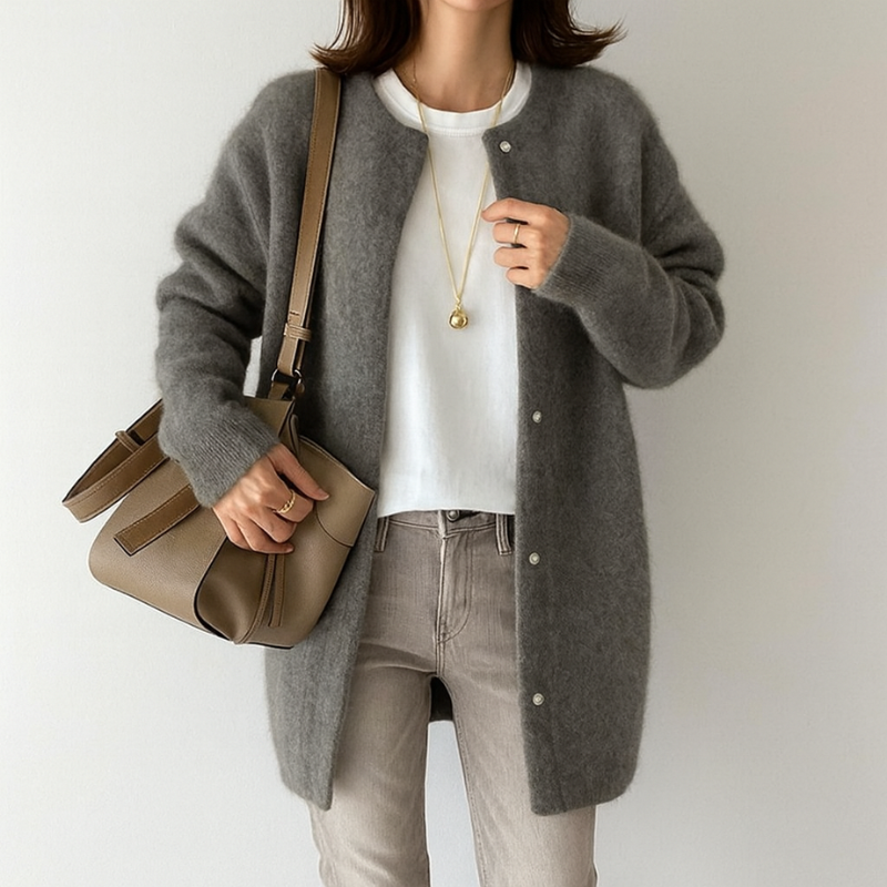 Elegante Damen Strickjacke – mit Taschen und Rundhalsausschnitt aus Acryl, lockere Passform