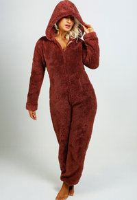 Eleganter Damen-Fleece-Overall mit Kapuze in Rotwein