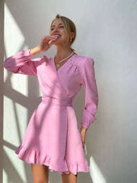 Klaudia | Langärmliges V Ausschnitt Minikleid in Rosa