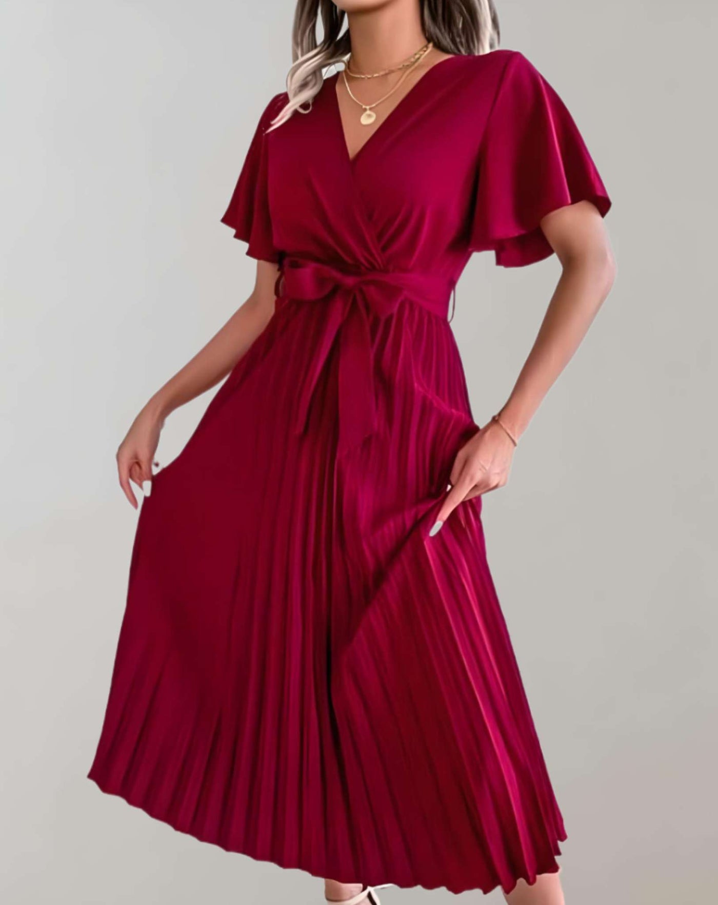 Eliana -  Plissiertes Kleid mit weiten kurzen Ärmeln und Schleifenband Kleid