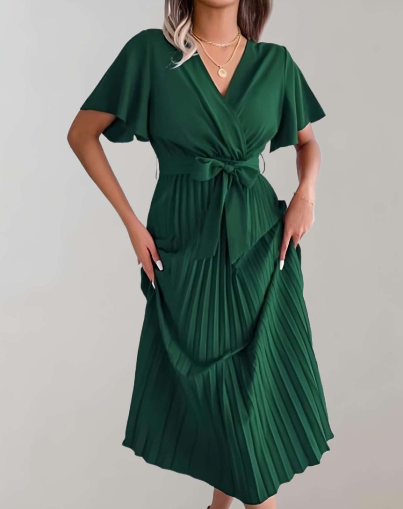 Eliana -  Plissiertes Kleid mit weiten kurzen Ärmeln und Schleifenband Kleid