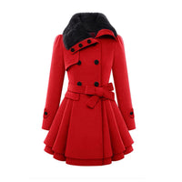 Winterjacke Damen Lang Mit Gürtel und Kapuze | Mit Knöpfen und Seitentaschen in Rot