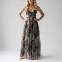 Lena | Damen Langes Aquarell-Print Abendkleid in Grün