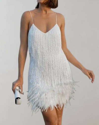 Evie - Ärmelloses Minikleid mit tiefem V Ausschnitt und Pailletten Quastendesign Kleid