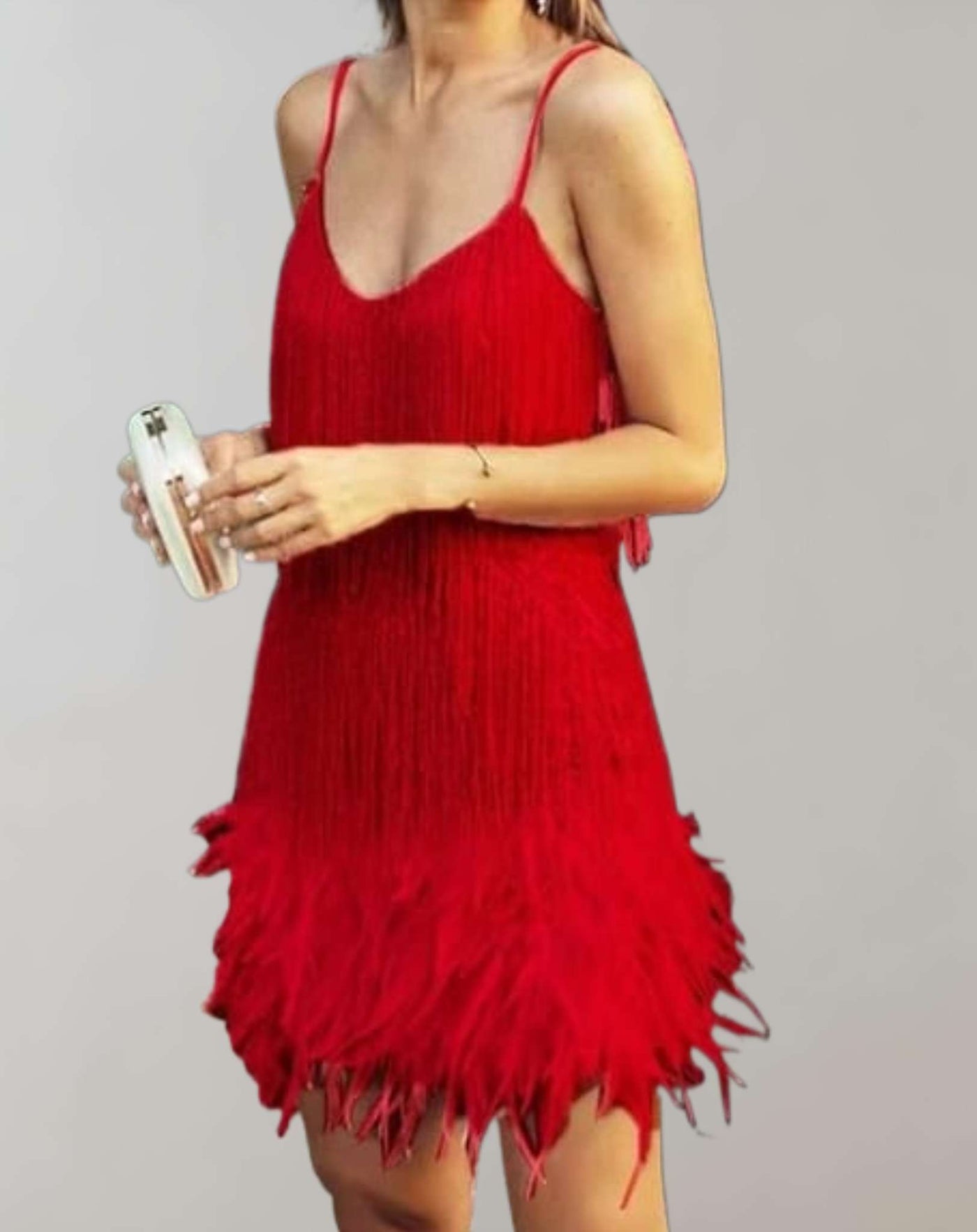 Evie - Ärmelloses Minikleid mit tiefem V Ausschnitt und Pailletten Quastendesign Kleid