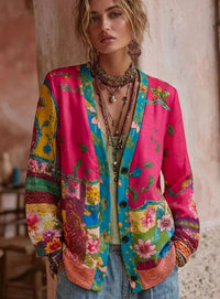 Festliche Damen Strickjacke mit Floral Patchwork und V-Ausschnitt Langarmjacke in Rosa