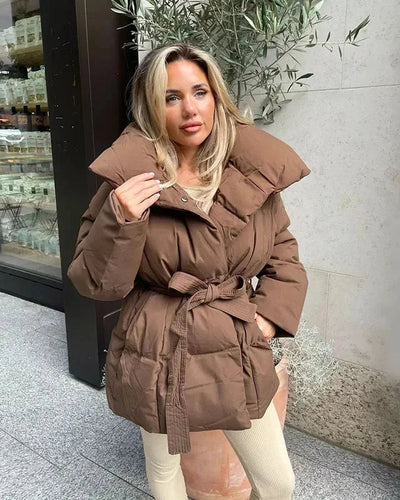 Gesteppte Damenjacke mit Gürtel und Überkragen – Warme Winterjacke für Damen