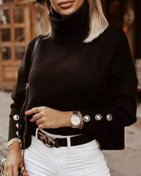 Damen Rollkragenpullover mit Knopf Ärmel | Lässig in Schwarz