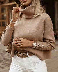 Damen Rollkragenpullover mit Knopf Ärmel | Lässig in Beige