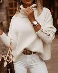 Damen Rollkragenpullover mit Knopf Ärmel | Lässig in Weiß