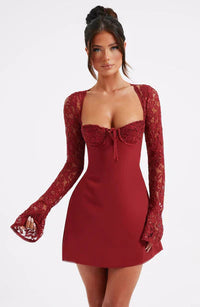 Melanie | Florales Stretch Minikleid mit Langarm in Rot