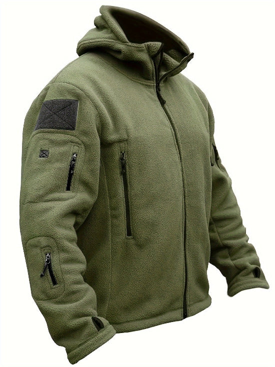 Herren Fleecejacke mit Kapuze, Mehreren Reißverschlusstaschen und Durchgehendem Frontverschluss