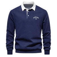 Herren Langarm-Polo Pullover mit Kontrastkragen Tailored Fit Sportlich Elegant in Marineblau