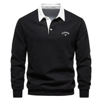 Herren Langarm-Polo Pullover mit Kontrastkragen Tailored Fit Sportlich Elegant in Schwarz