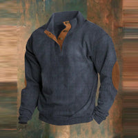 Herrenpullover Retro Rippstrick mit Knopfkragen und Ellbogenpatches – Lässiger Casual Look in Marineblau