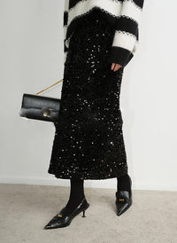Damen Eleganter Midi-Rock mit Glitzerpailletten in Schwarz