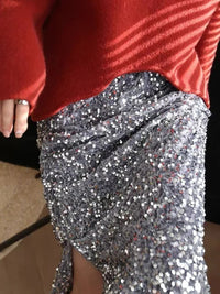 Damen Eleganter Midi-Rock mit Glitzerpailletten in Silver