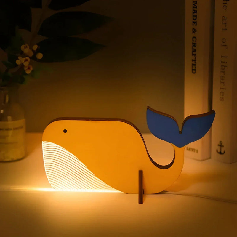 Holz-Tischleuchte mit Tiermotiven – USB-LED-Nachttischlampe fürs Kinderzimmer, dimmbares Licht, Acryl und Holz, Touch-Schalter
