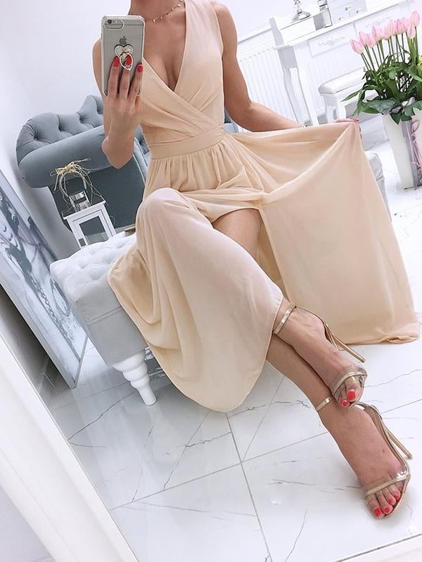 Elegantes, fließendes Chiffonkleid mit V-Ausschnitt und seitlichen Schlitzen für besondere Anlässe