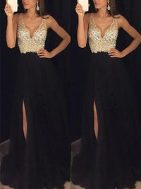Elegantes langes Kleid mit funkelndem Paillettenschlitz und fließendem V-Ausschnitt in Schwarz