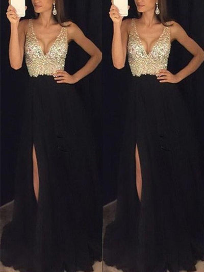 Elegantes langes Kleid mit funkelndem Paillettenschlitz und fließendem V-Ausschnitt