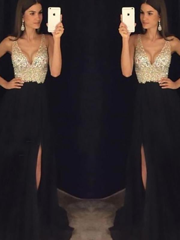 Elegantes langes Kleid mit funkelndem Paillettenschlitz und fließendem V-Ausschnitt