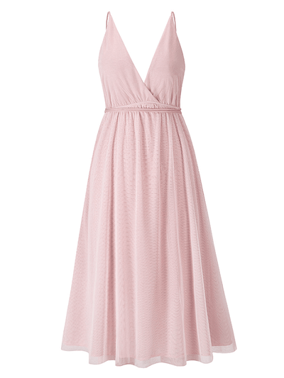 Schickes, Bauschiges Midi-Trapezkleid aus fließendem Tüll, rückenfrei, mit zarten Trägern und V-Ausschnitt für Damen, ideal für Cocktailpartys