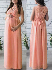 Elegantes Umstandskleid aus Spitze mit Gürtel, ärmellos in Rosa