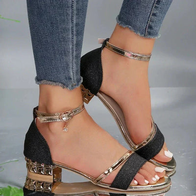 Ioanna- Damen Glitzer Sandalen mit Blockabsatz und Knöchelriemen