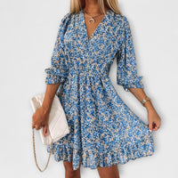 Blumiges Puffärmelkleid für Damen in Blau