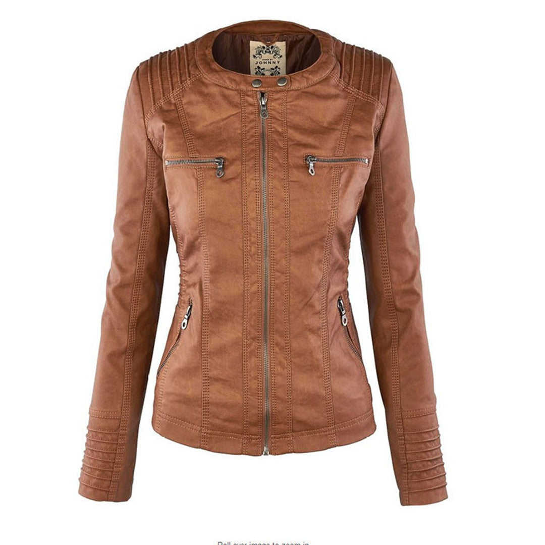 Damen Biker-Jacke aus Kunstleder – Stylische Jacke mit Kapuze und Reißverschlüssen, ideal für Herbst und Frühjahr