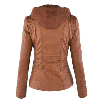 Damen Lederjacke mit Kapuze – Stylische Bikerjacke in Braun mit Reißverschluss und Details