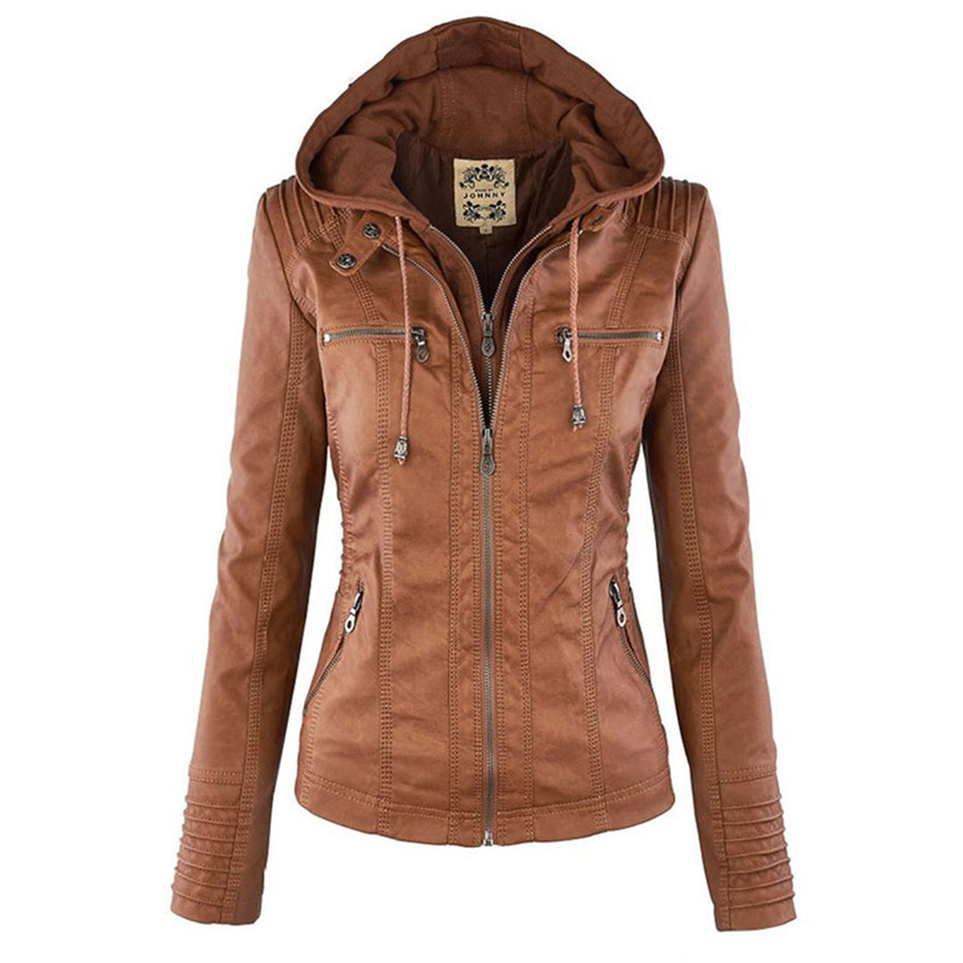 Damen Biker-Jacke aus Kunstleder – Stylische Jacke mit Kapuze und Reißverschlüssen, ideal für Herbst und Frühjahr