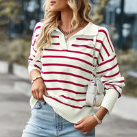 Moderner Look, Gestreifter Pullover mit V-Ausschnitt in Rot