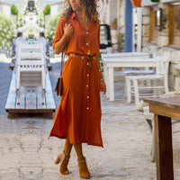 Lucie – Elegantes Button-Down-Hemdkleid für Damen | Langärmliges Hemdblusenkleid im Bohemian-Stil mit Gürtel in Orange