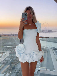 Joëlle | Damen Asymmetrisches Rüschen Mini Abendkleid in Weiß