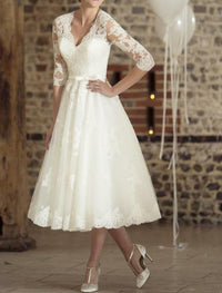 Damen Jahrgang 3/4 Ärmel Brautkleid | Midi in Elfenbein