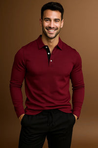 Spencer | Langarm Gerippte Bündchen Poloshirt in Wine Rot
