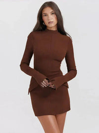 Damen Langarm Mini Etui Kleid in Braun