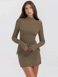 Damen Langarm Mini Etui Kleid in Taupe